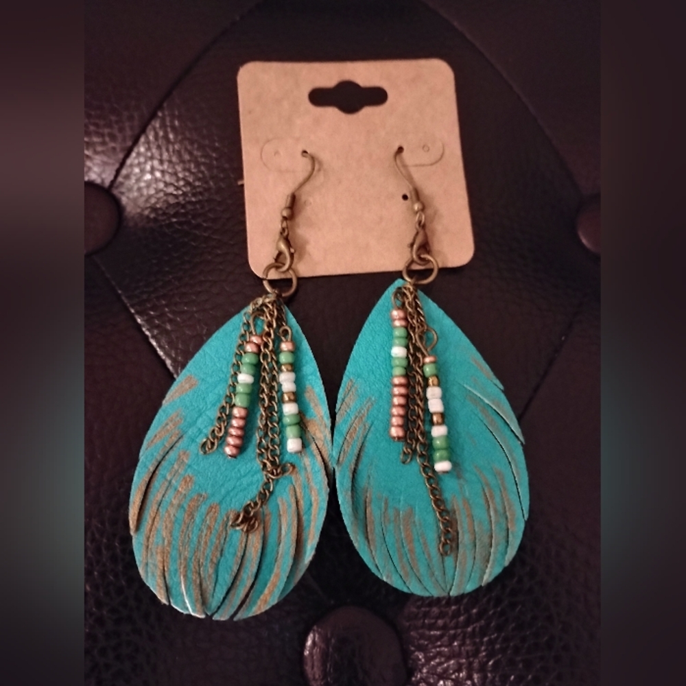 Turquoise Feather Faux Leather Earrings with Bead Chains Accents Handmade